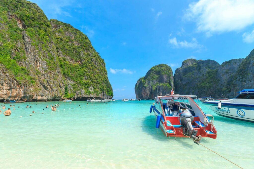 The Phi Phi Islands are an island group in Thailand between the large island of Phuket and the Straits of Malacca coast of Thailand. The islands are administratively part of Krabi Province.