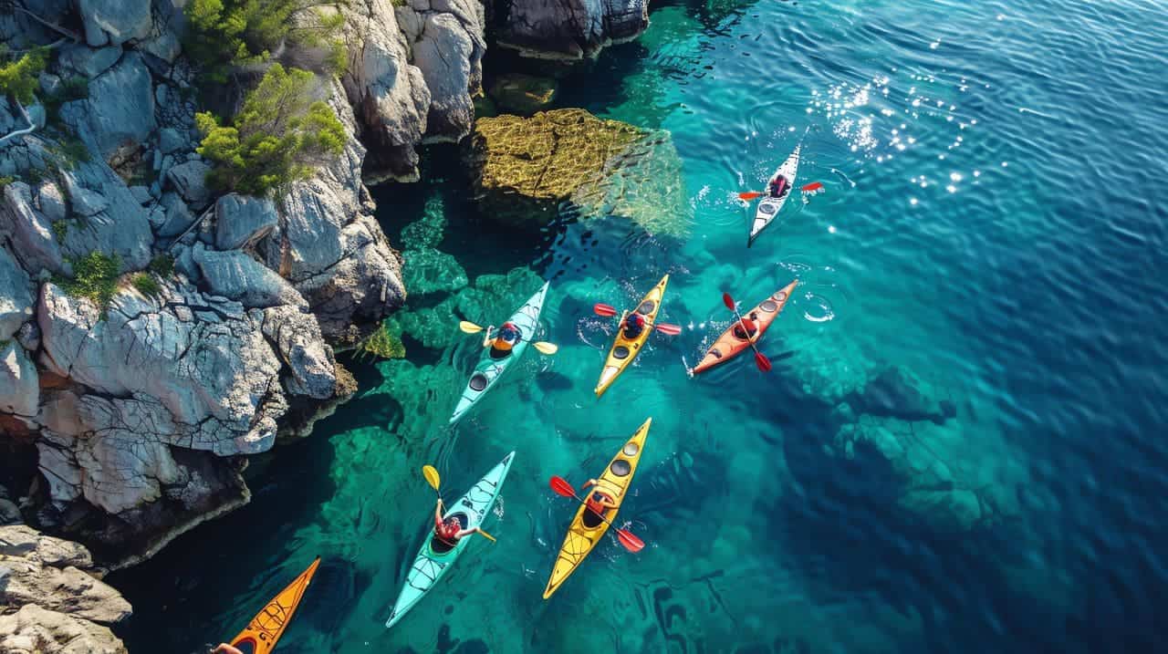 kayaking-sea-water-is-crystal-clear-sun-is-shining-kayakers-are-surrounded-by-rocky-cliffs-phang-nga-bay