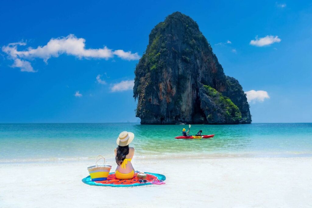 woman-bikini-relaxing-railay-krabi-andaman-beaches-sea-islands-thailand